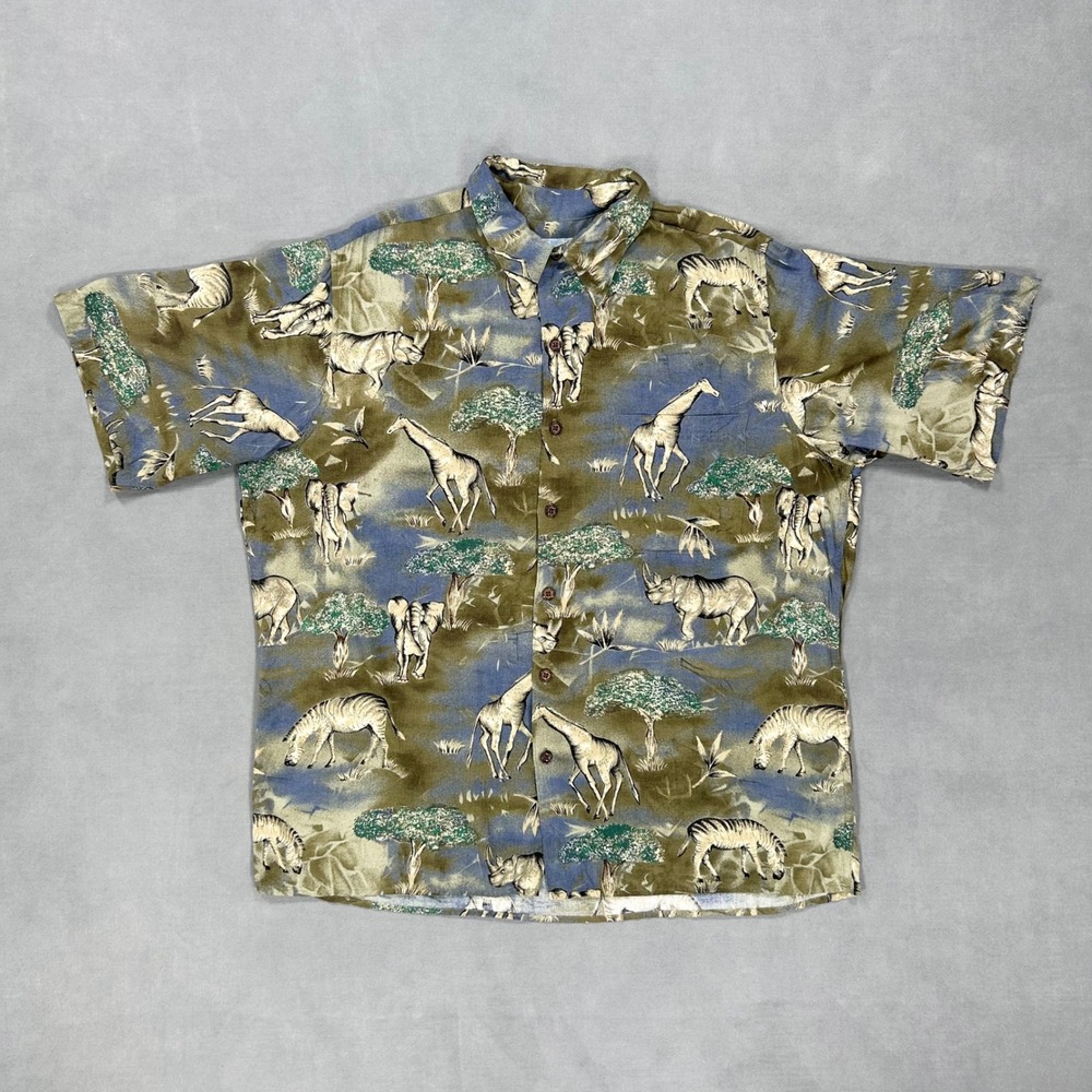 Reyn Spooner Button Down Mens Large Safari Elephant Giraffe Zebra Rhino Hawaii